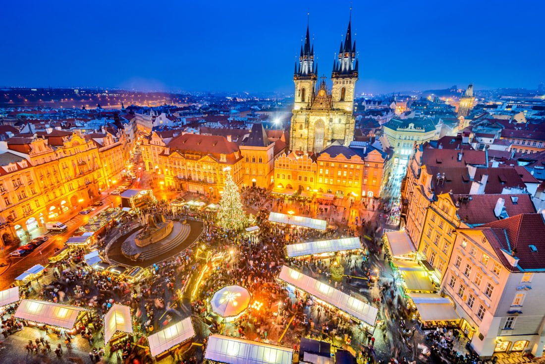 Prague, Czech Republic. Christmas Market in Stare Mesto old square, Tyn Church, Bohemia