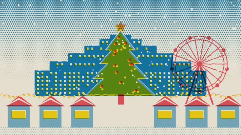 Risograph-style illustration of the Bucharest Christmas Market with a giant Christmas tree in front of the Palace of Parliament, a Ferris wheel and wooden stalls in the snow