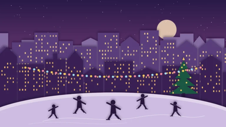 Paper-cut style illustration of skaters on a city ice rink at dusk with string lights, a Christmas tree and lit skyscrapers, for the best US cities to visit in December