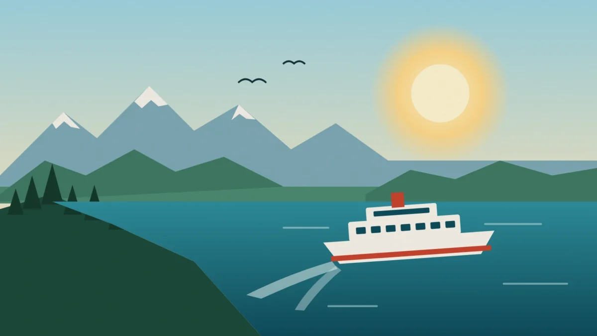 Illustration of a ferry crossing a blue sound towards forested islands and snowy mountains on a bright morning, for the Sunshine Coast BC guide