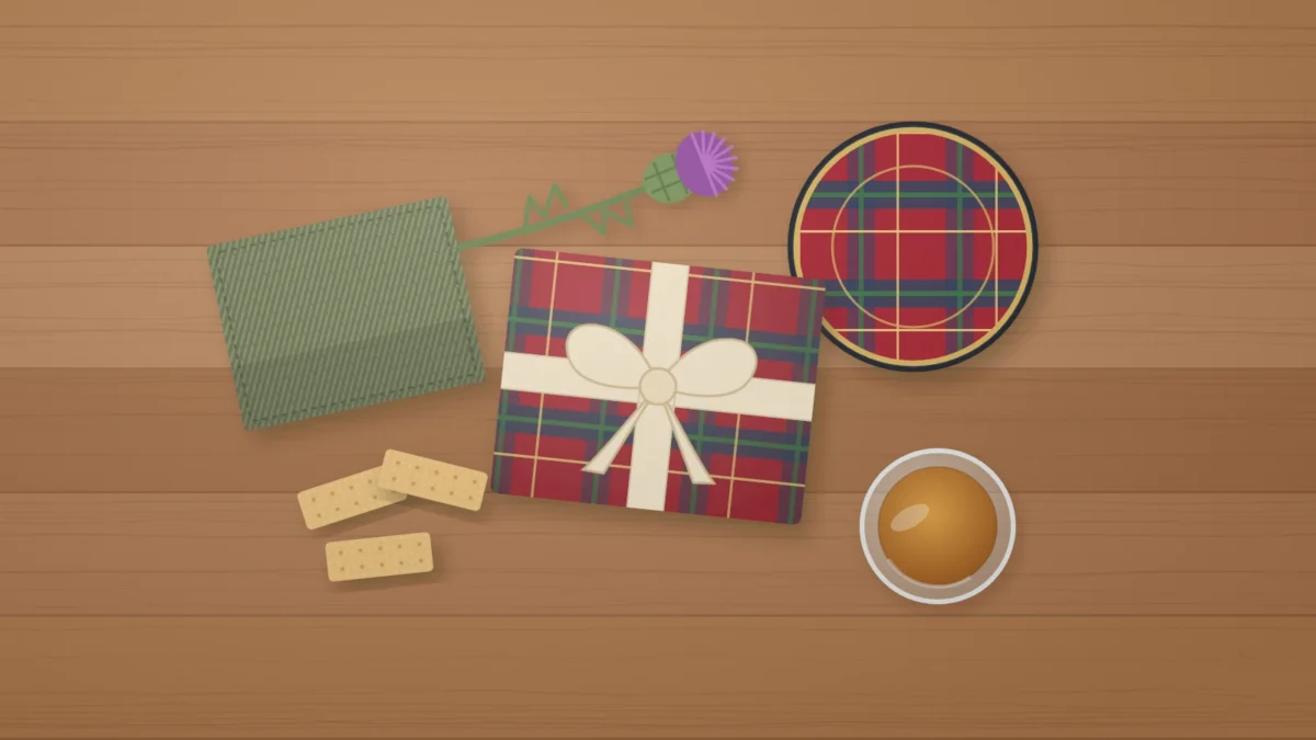 gifts from scotland featured | Two Scots Abroad Top-down illustration of Scottish gifts on a wooden table: a tartan-wrapped present with a cream bow, a tartan shortbread tin, shortbread fingers, a Harris Tweed swatch, a thistle and a glass of whisky