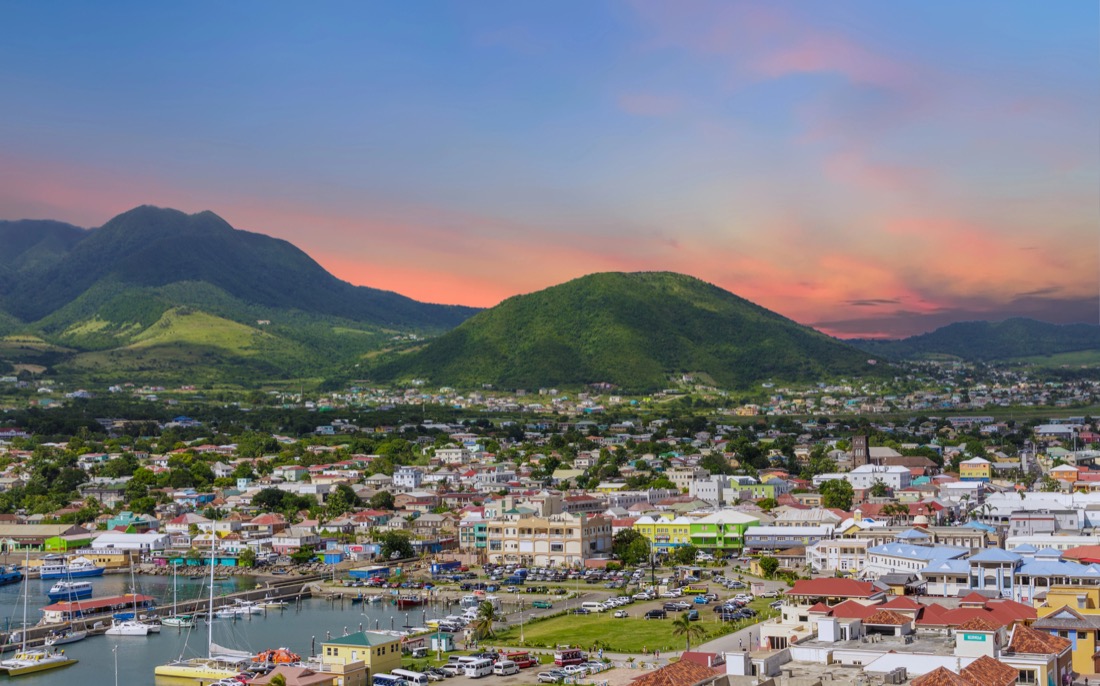 Lush green landscape and sunset St Kitts