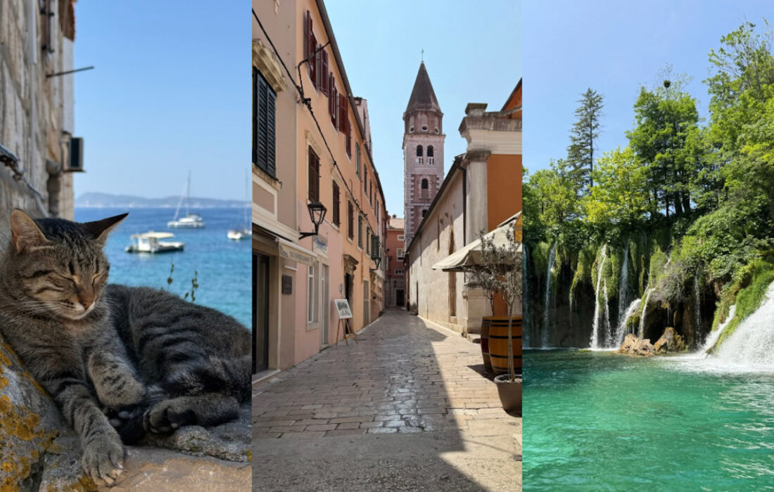 Croatia Images: image 1 sleeping cat, image two Zadar buildings, image three waterfalls