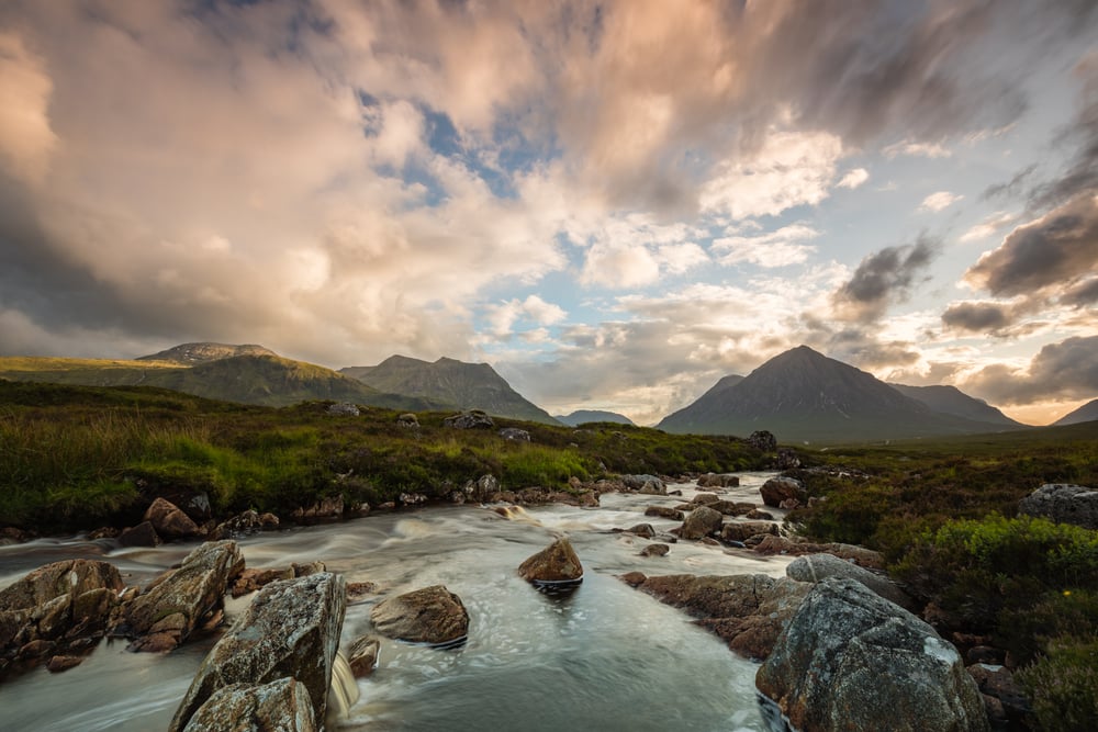 River Coupall flowing through Glencoe valley in the Scottish Highlands