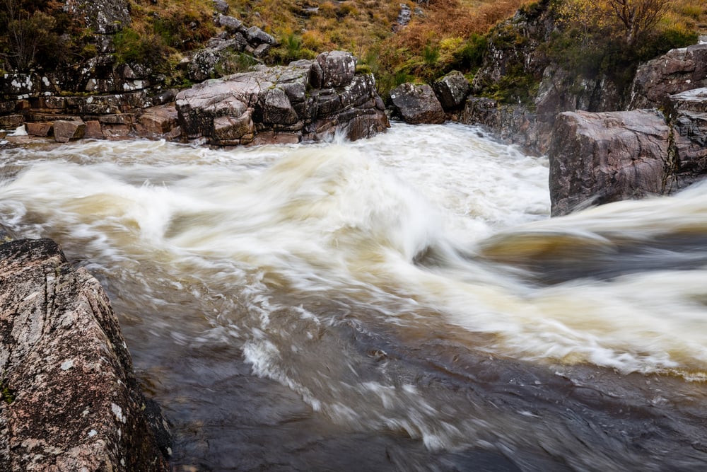 Waterfalls in Glen Etive near Loch Etive in the Scottish Highlands
