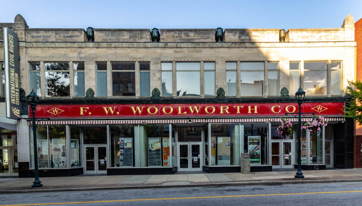 pexels 16156438 | Two Scots Abroad Front view of historic F.W. Woolworth building, Greensboro, North Carolina, highlighting its iconic signage and architecture.
