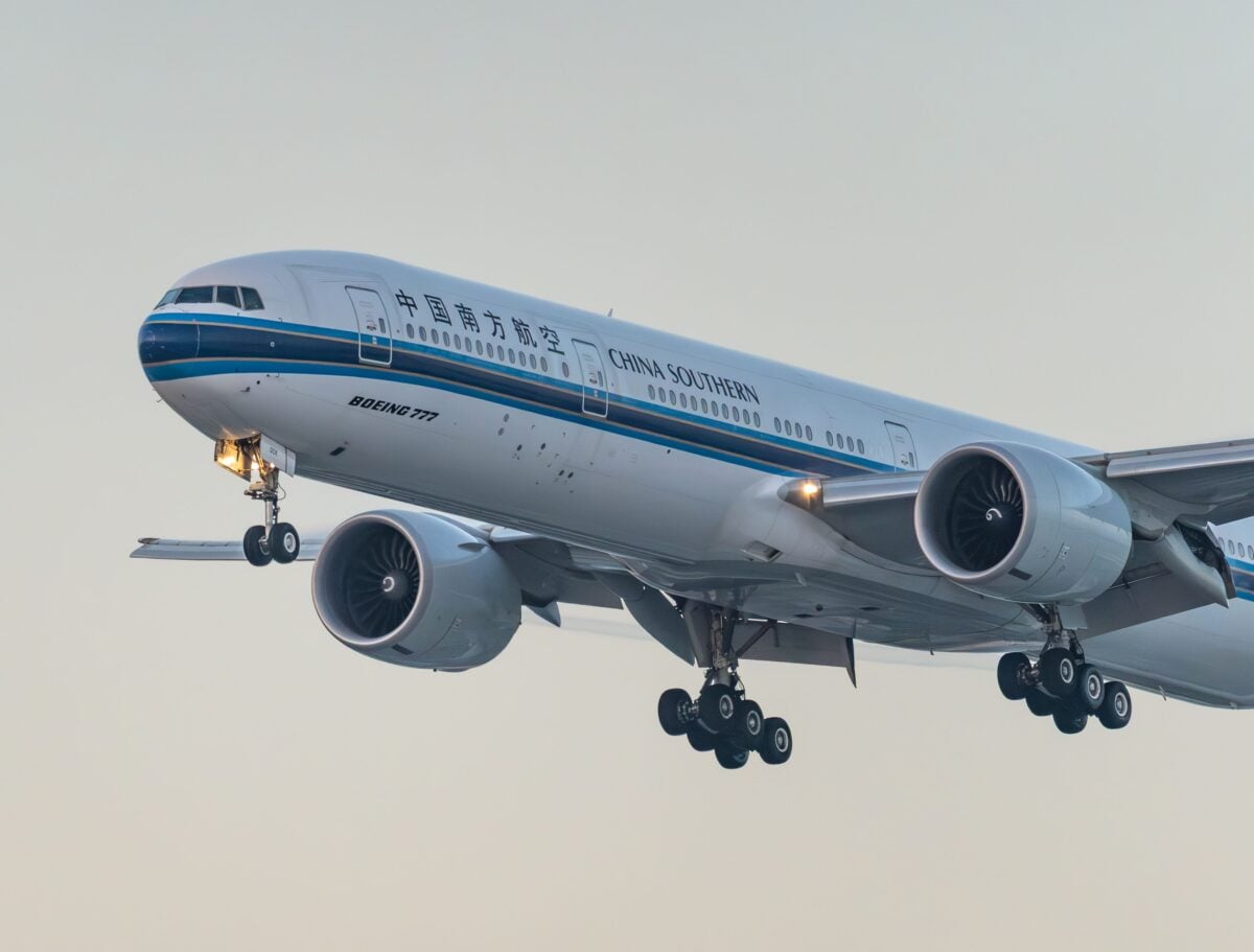 A China Southern Boeing 777 aircraft landing at Los Angeles International Airport.