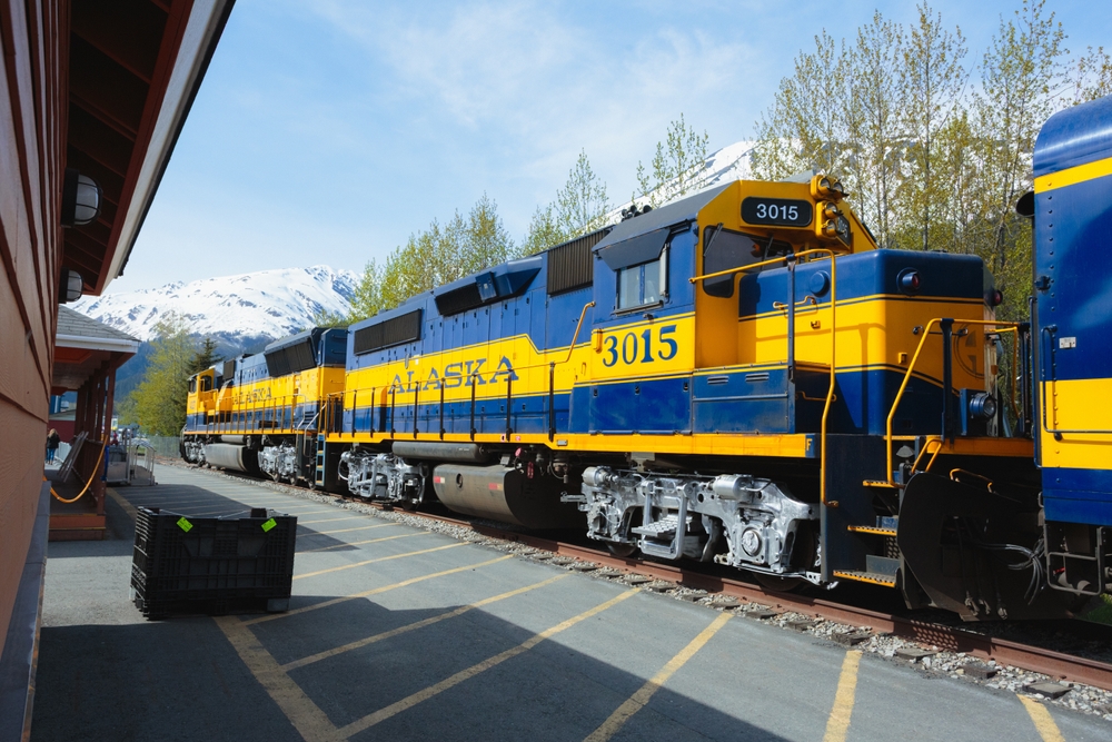 2605328685

Seward, Alaska - May 21, 2022:  The boarding area of a train on the Alaska railroad.