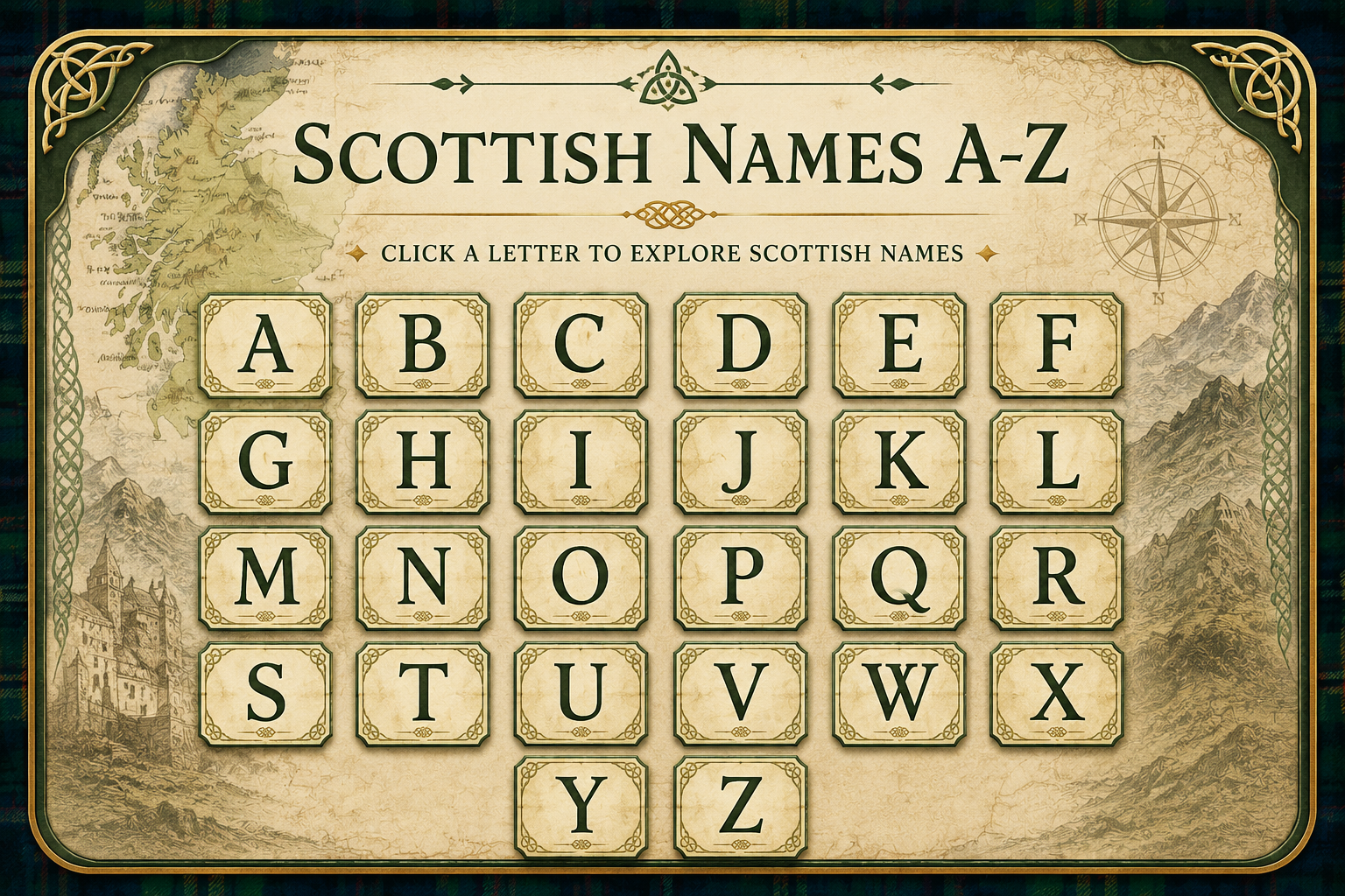 Interactive Scottish names A to Z directory. Select a letter to browse Scottish first names and last names.