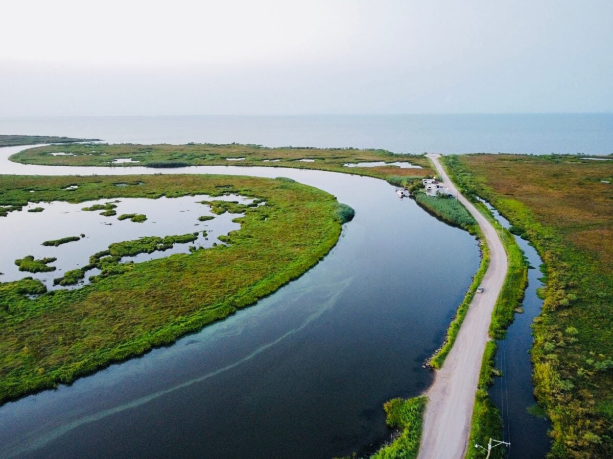 Scenic aerial shot of Lacombe wetlands, river, and road at sunrise. Explore wildlife habitat in Louisiana.