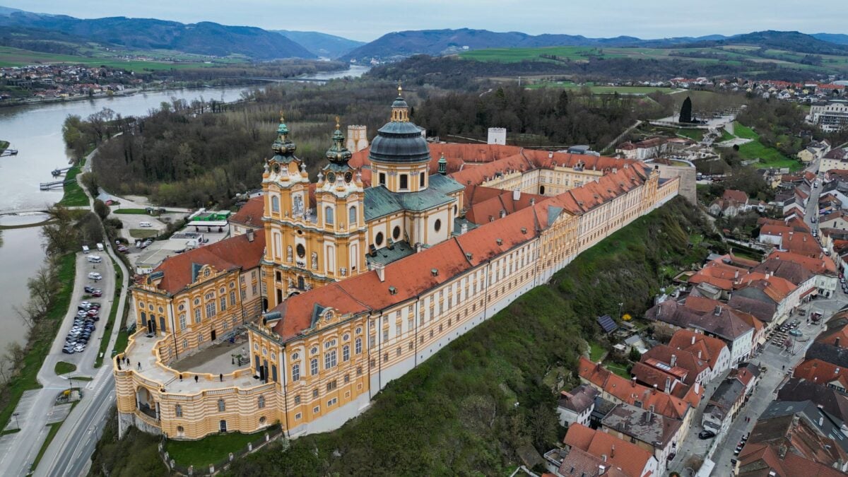 pexels 31641849 | Two Scots Abroad A stunning aerial shot of the historic Melk Abbey in Austria, showcasing its baroque architecture.