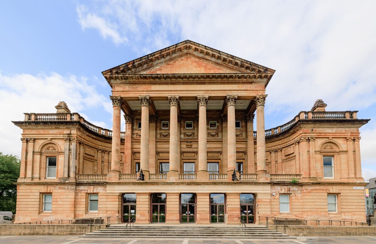 pexels 33348499 | Two Scots Abroad Front view of the neoclassical Paisley Town Hall in Scotland with clear blue skies.
