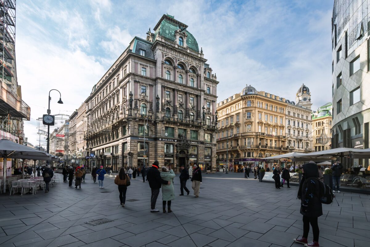 pexels 35831051 | Two Scots Abroad Captured in the vibrant Graben Street, Vienna, showcasing historic architecture and street activity.