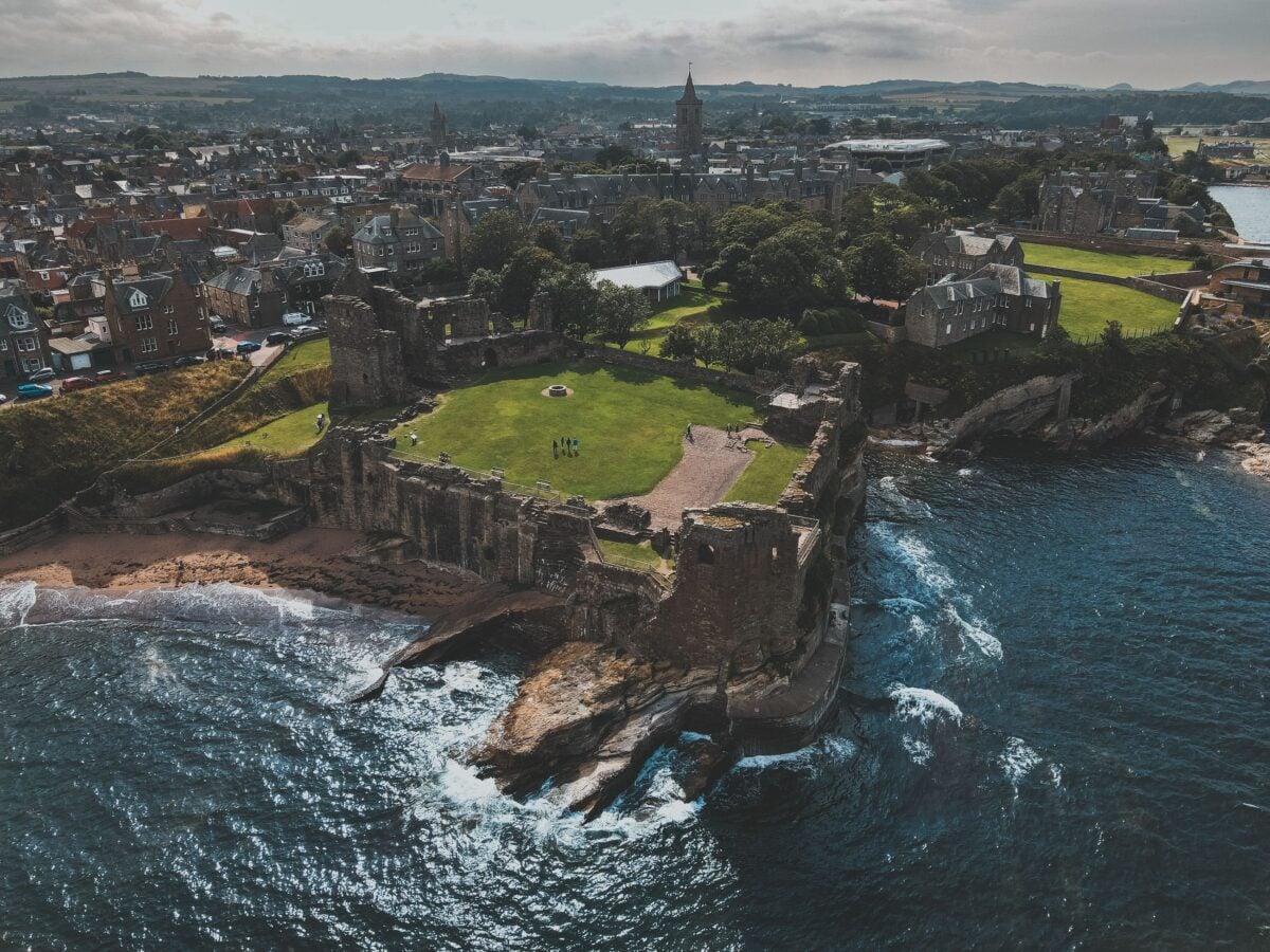 pexels 9312570 | Two Scots Abroad Scenic aerial shot of historic St Andrews Castle overlooking the North Sea in Scotland.
