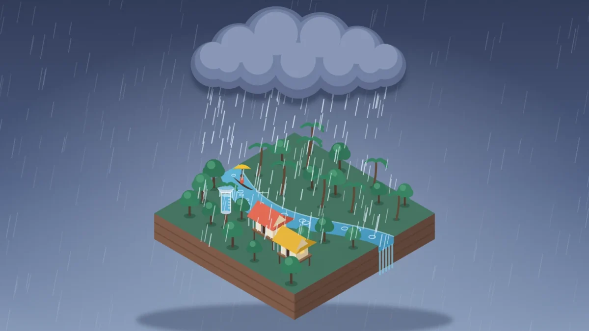 wettest country in the world featured | Two Scots Abroad Illustration of a heavy rain cloud pouring over a small rainforest island with stilt houses, a river and an overflowing rain gauge, for the wettest country in the world