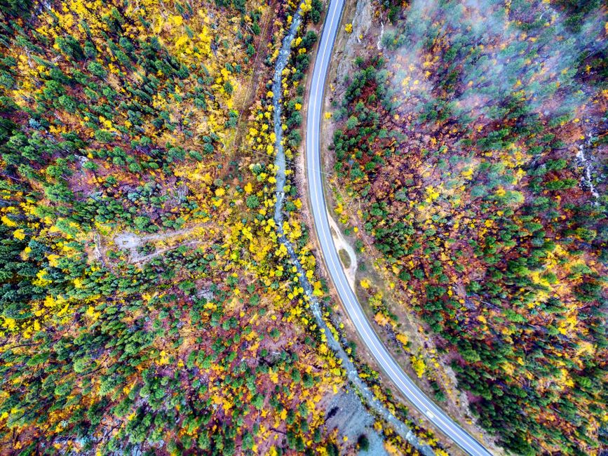 a breathtaking aerial view of a winding road through colorful autumn foliage in | Two Scots Abroad A breathtaking aerial view of a winding road through colorful autumn foliage in Spearfish, South Dakota.