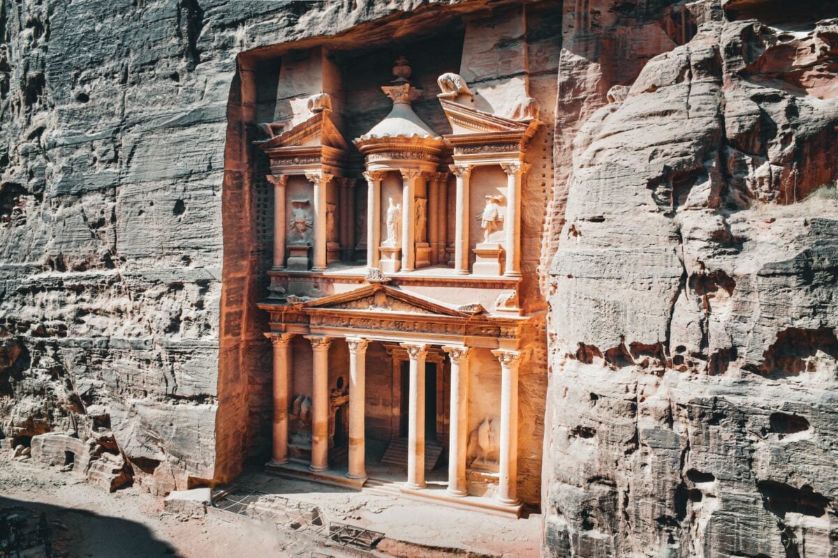 pexels 18765298 | Two Scots Abroad The iconic Treasury in Petra, Jordan, carved into striking sandstone cliffs, captures ancient Nabatean beauty.