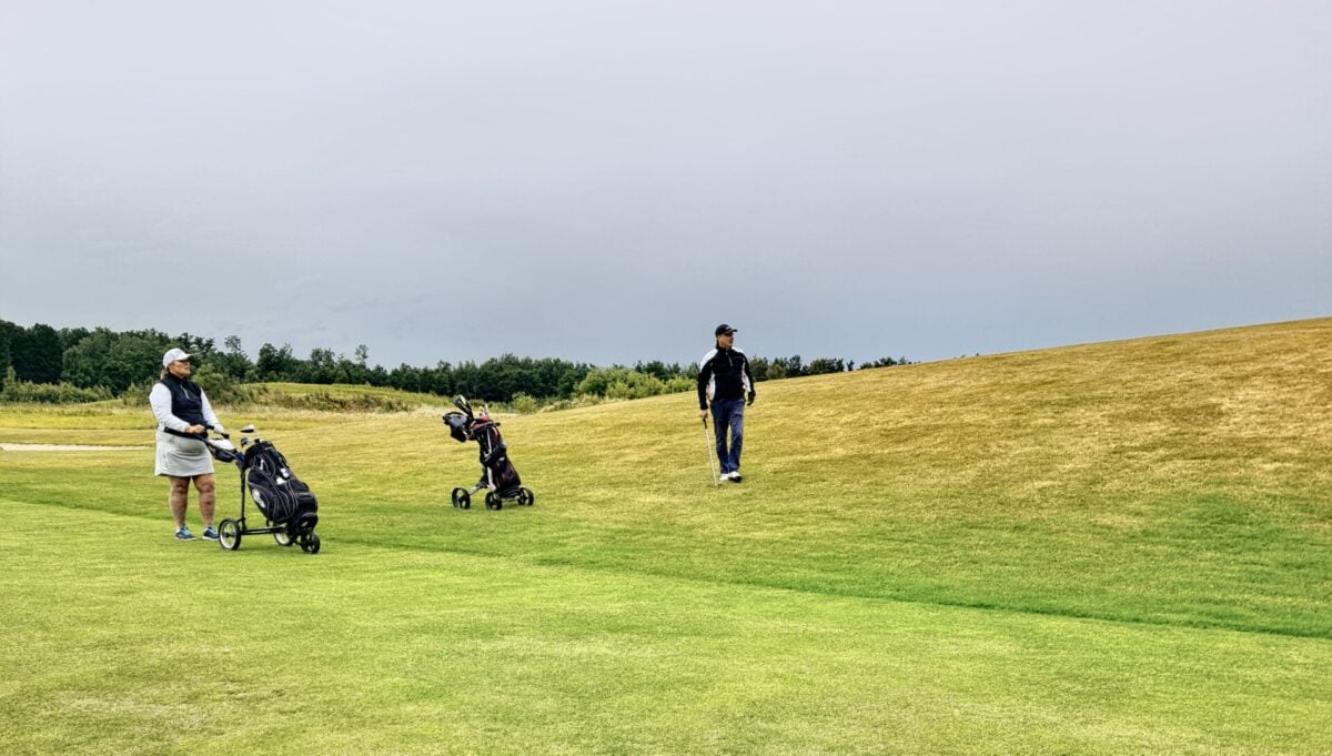pexels 5044378 | Two Scots Abroad Two golfers on a lush green course in Skåne, Sweden, enjoying a leisurely game under a cloudy sky.