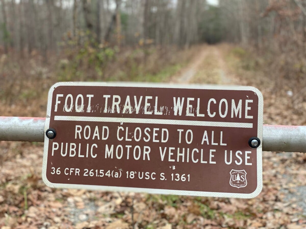 a sign in a forest indicating road closed to vehicles welcoming foot travel only | Two Scots Abroad A sign in a forest indicating road closed to vehicles, welcoming foot travel only.