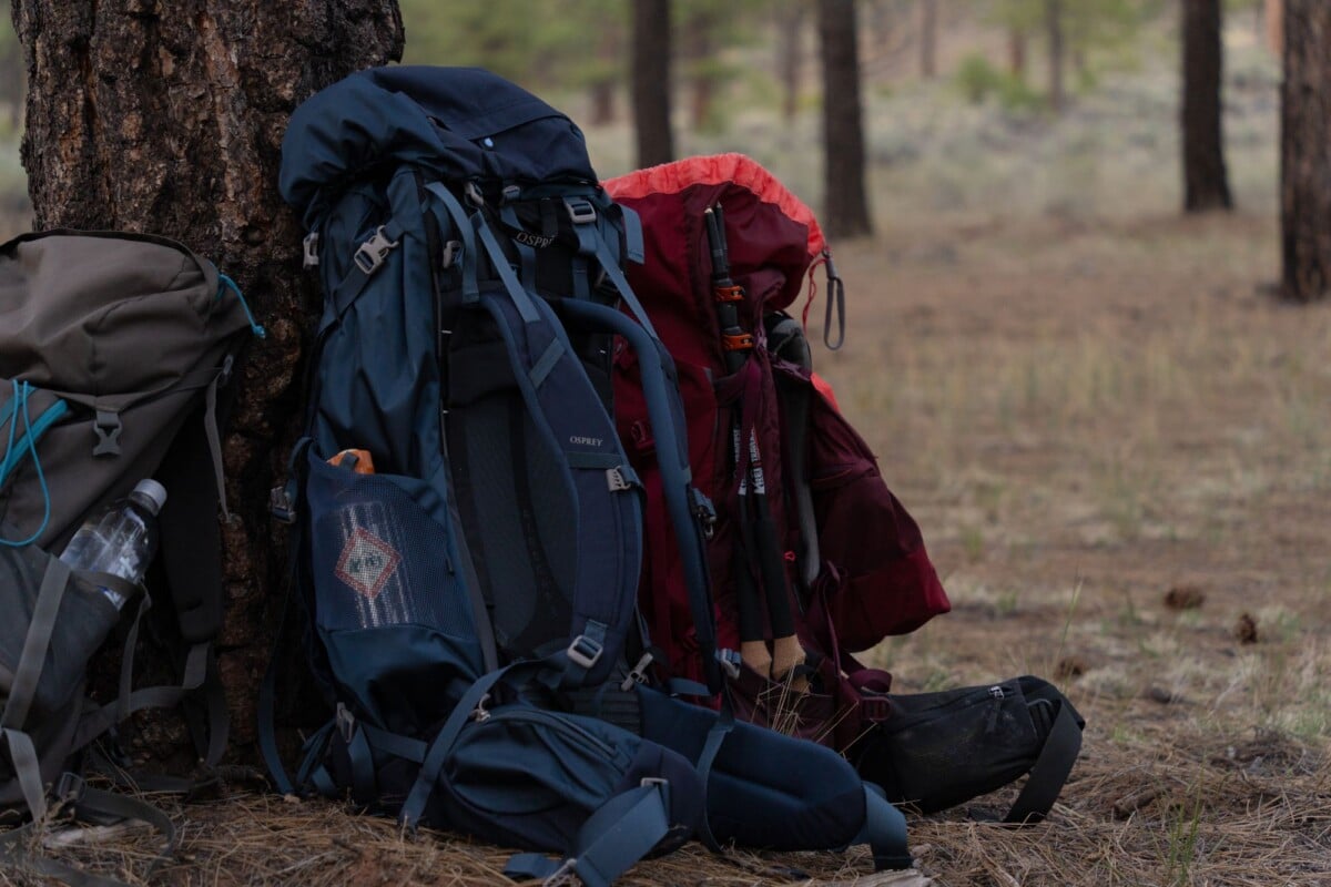 adventure backpacks leaning against a tree in a peaceful forest campsite ideal f 1 | Two Scots Abroad Adventure backpacks leaning against a tree in a peaceful forest campsite, ideal for hiking trips.