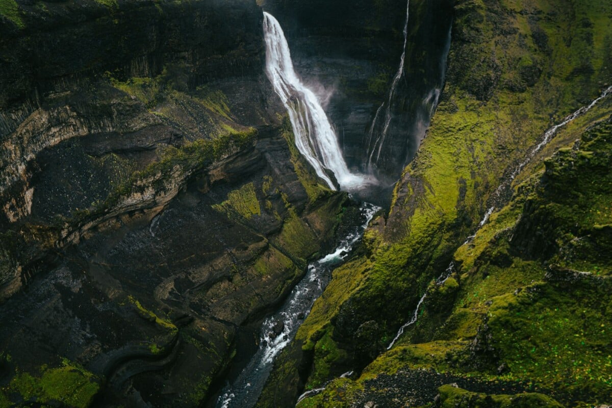 breathtaking aerial perspective of haifoss waterfall cascading through rugged ic | Two Scots Abroad Breathtaking aerial perspective of Haifoss waterfall cascading through rugged Icelandic landscapes.