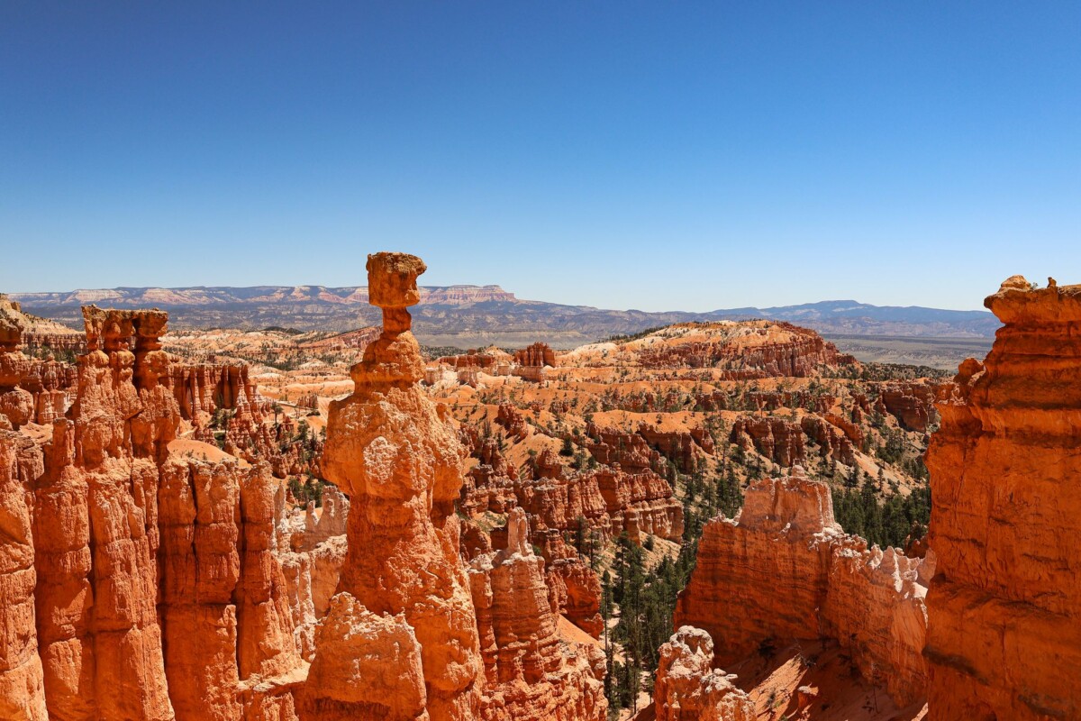 dramatic view of hoodoos at bryce canyon national park under clear blue skies | Two Scots Abroad Dramatic view of hoodoos at Bryce Canyon National Park under clear blue skies.