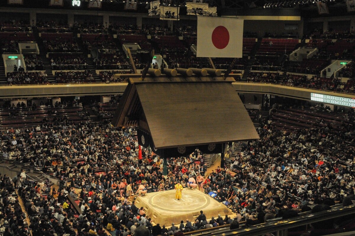 large crowd watches a traditional sumo wrestling match inside a japanese arena | Two Scots Abroad Large crowd watches a traditional sumo wrestling match inside a Japanese arena.