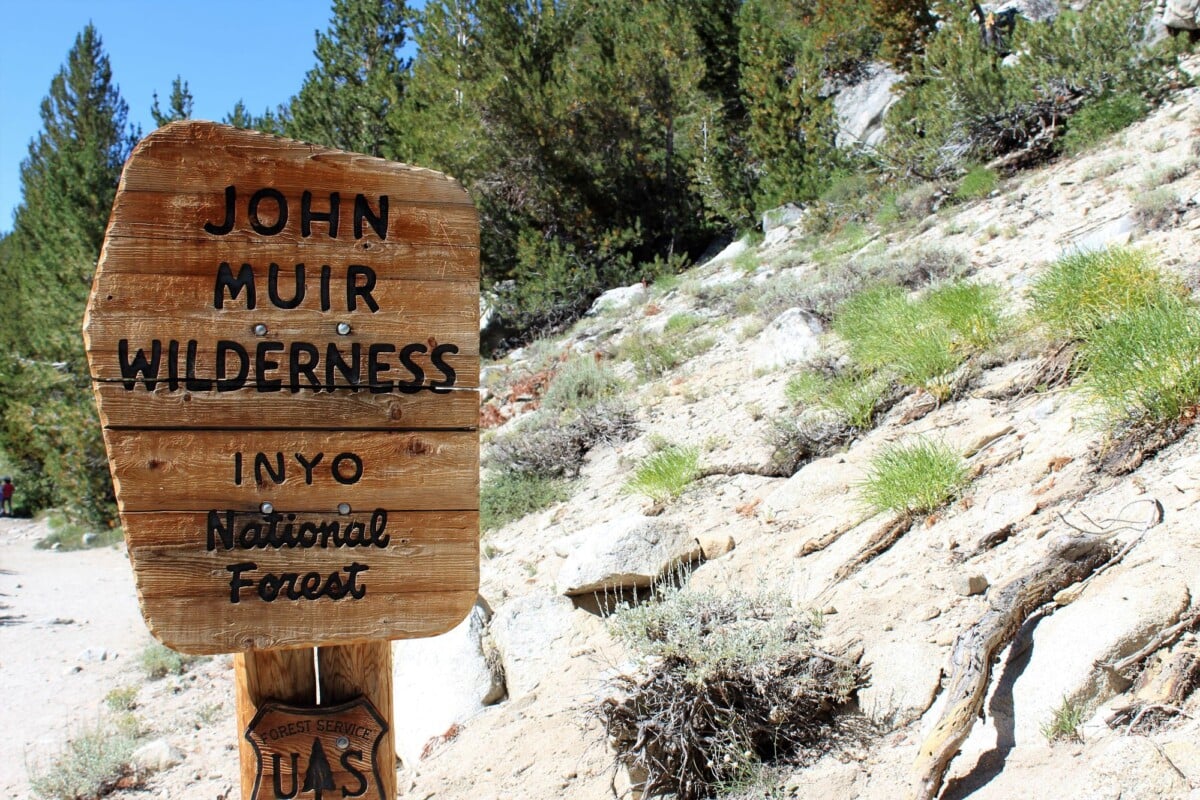 Sign for John Muir Wilderness in Inyo National Forest, Mammoth Lakes, CA.
