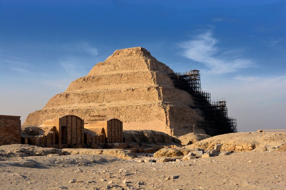 step pyramid of djoser in saqqara under restoration with clear blue sky | Two Scots Abroad Step Pyramid of Djoser in Saqqara under restoration with clear blue sky.