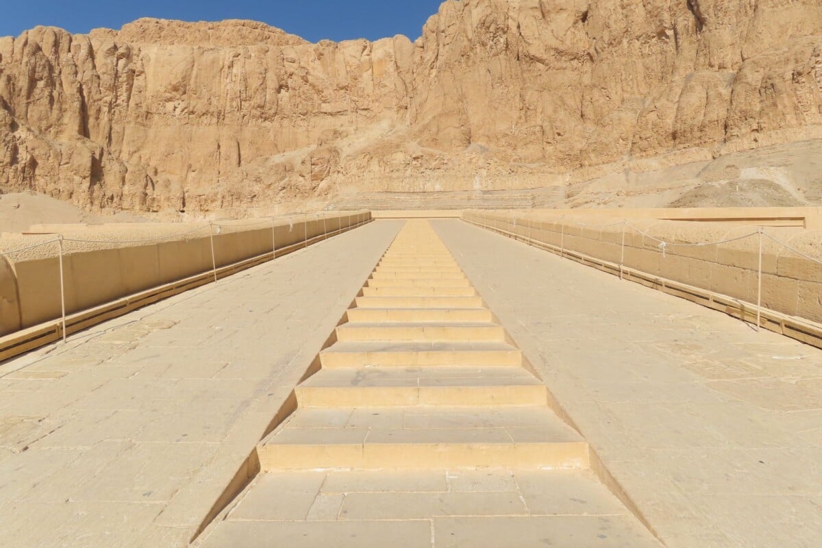 stone steps at hatshepsut temple in luxor revealing ancient egyptian architectur | Two Scots Abroad Stone steps at Hatshepsut Temple in Luxor, revealing ancient Egyptian architecture.