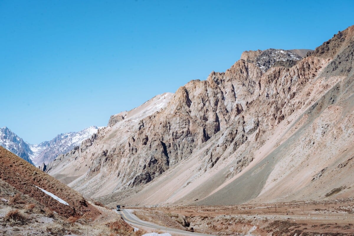 Stunning mountain landscape in Los Penitentes, Mendoza, Argentina, with clear blue sky.