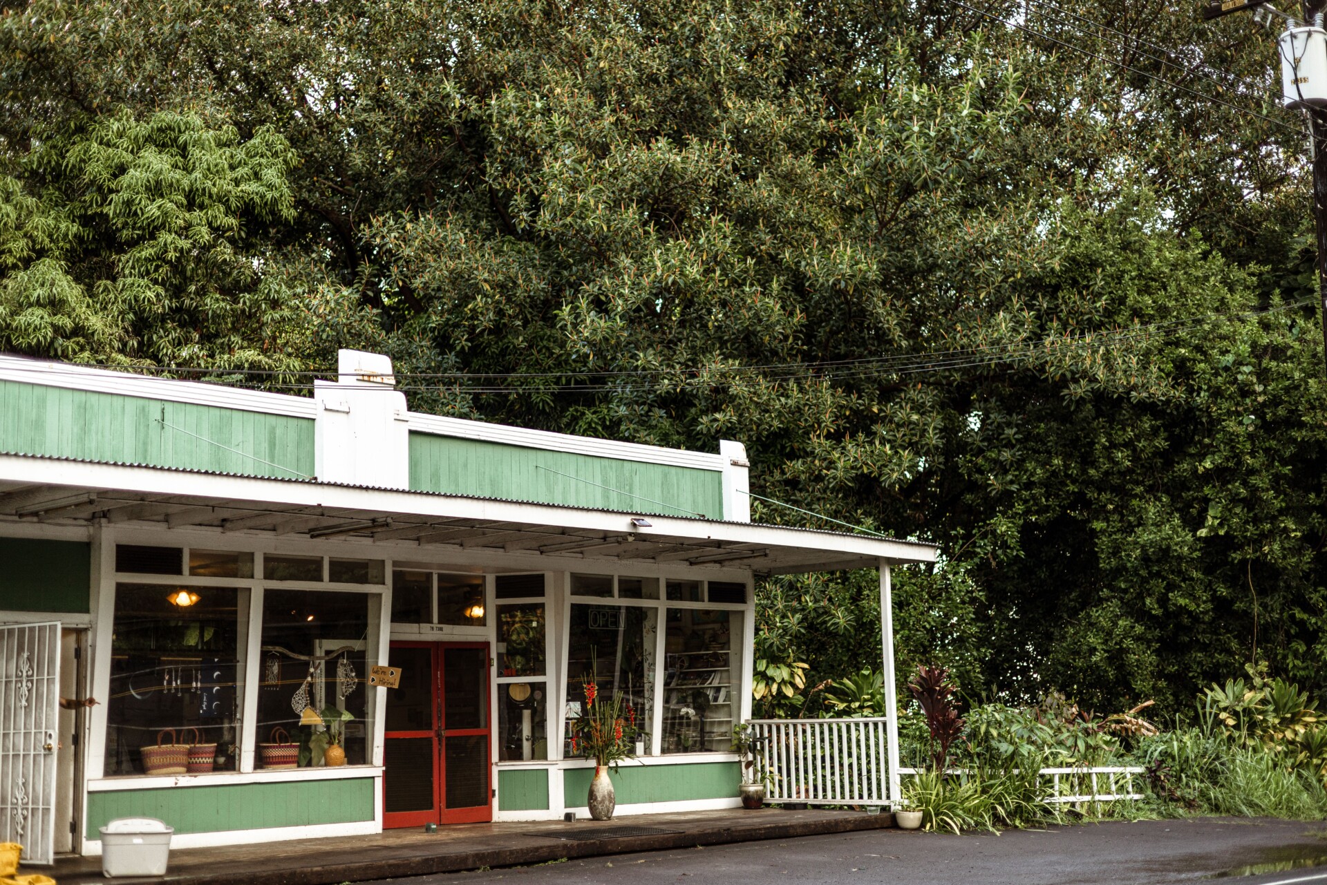 vintage shop exterior surrounded by lush greenery on a roadside in kealakekua ha | Two Scots Abroad Vintage shop exterior surrounded by lush greenery on a roadside in Kealakekua, Hawaii.