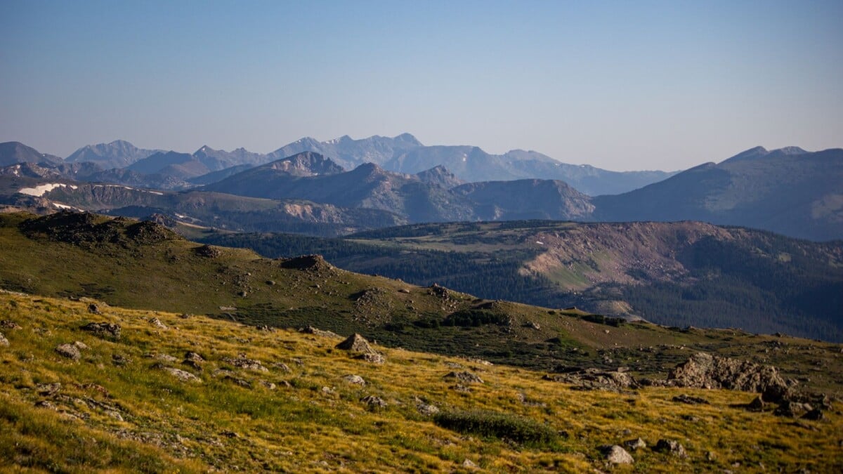 Open alpine tundra beneath a broad range of rocky mountain peaks