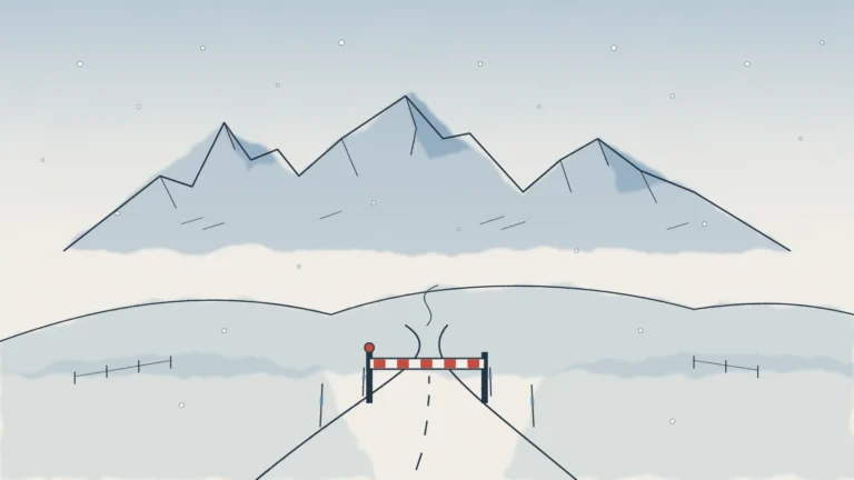 Ink and wash illustration of a red and white snow gate across a Highland road leading up to snow-covered mountains, showing where it snows in Scotland