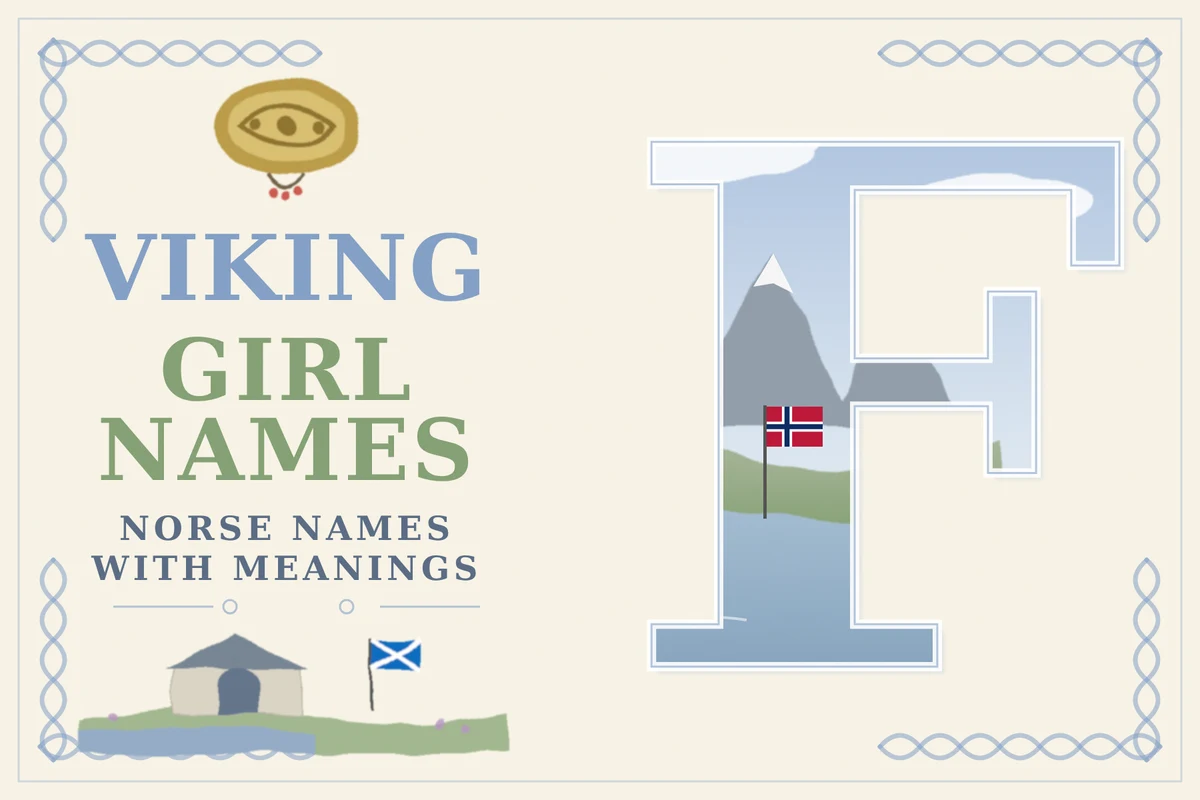 Female Viking names featured illustration: the words Viking Girl Names, Norse names with meanings, beside a large letter F framing snowy peaks over a sea inlet and a Norwegian flag