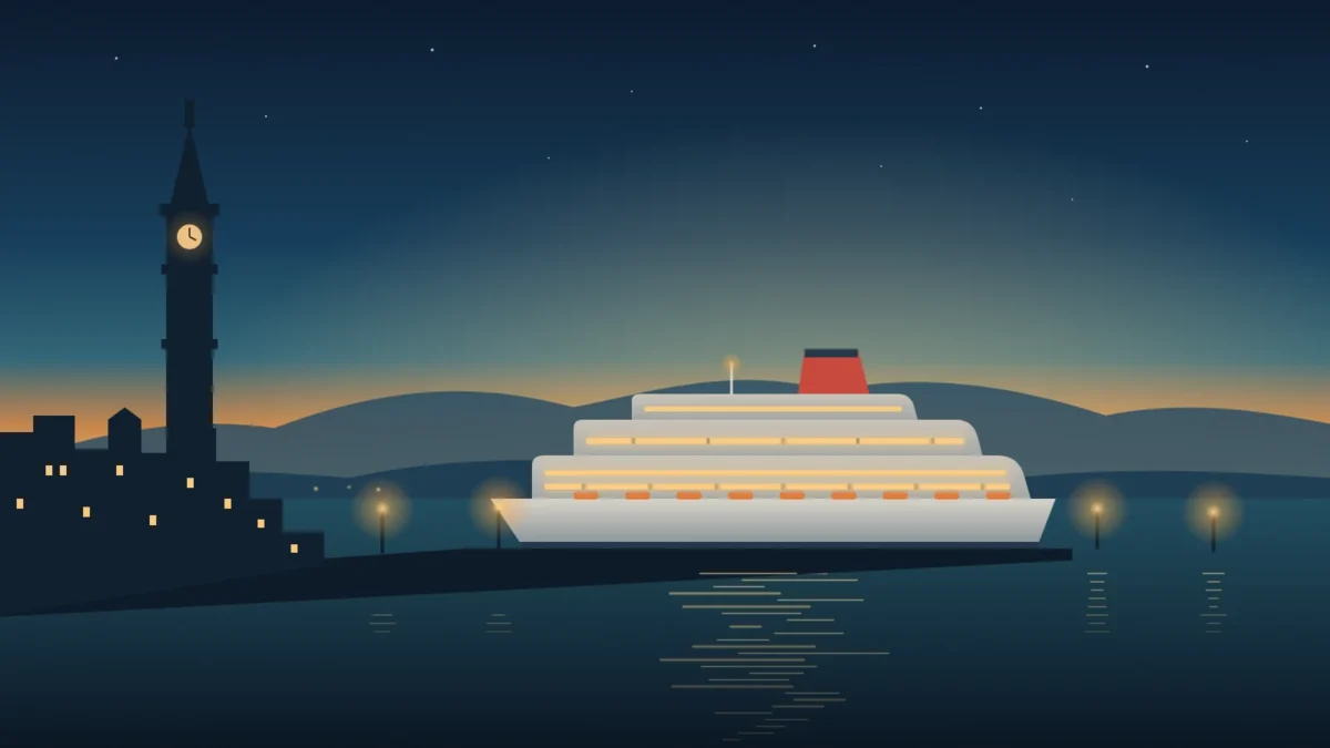 Illustration of a lit cruise ship moored on the Firth of Clyde at dusk beside a Victorian clock tower and town lights, for a guide to Greenock, Scotland