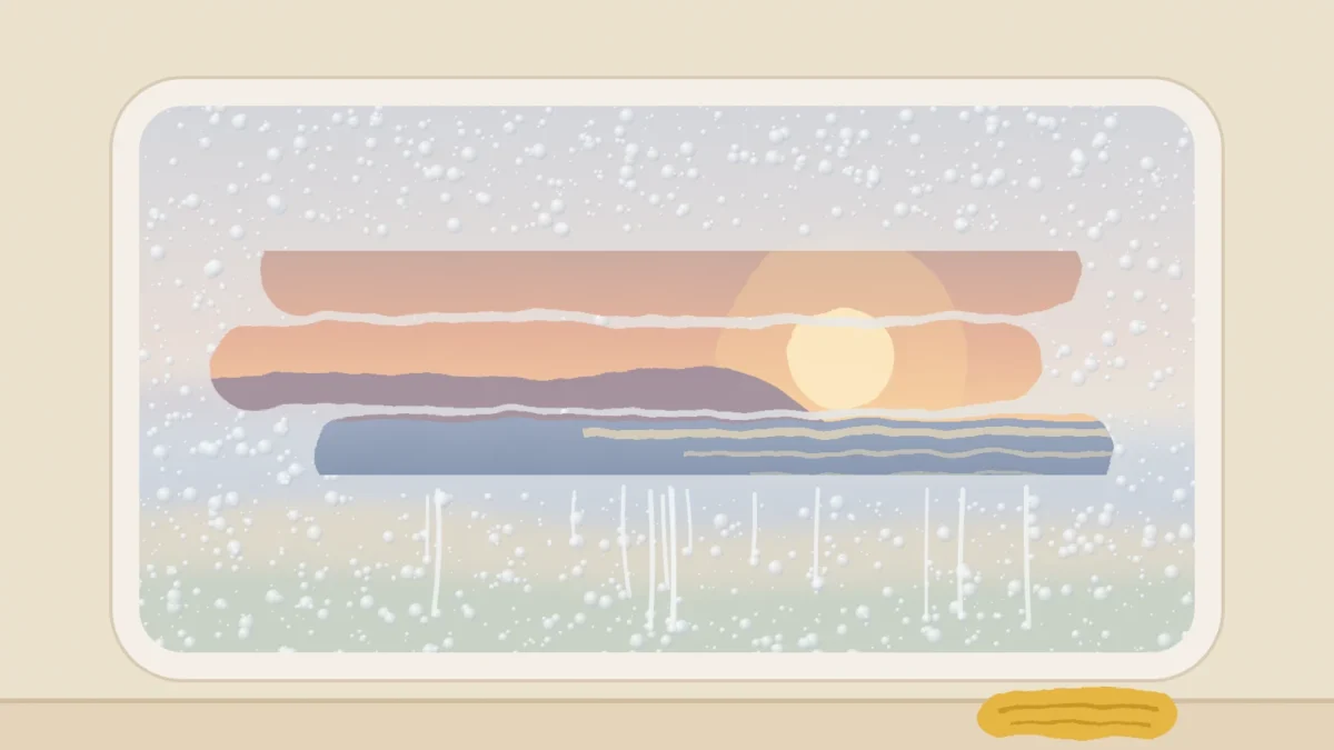 how to stop condensation in a static caravan featured | Two Scots Abroad Illustration of a fogged static caravan window with a wiped strip showing a sunrise over the sea, for how to stop condensation in a static caravan
