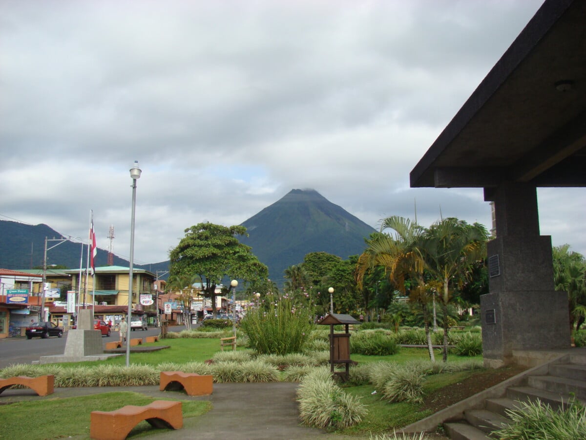 La Fortuna town with Arenal Volcano in the distance