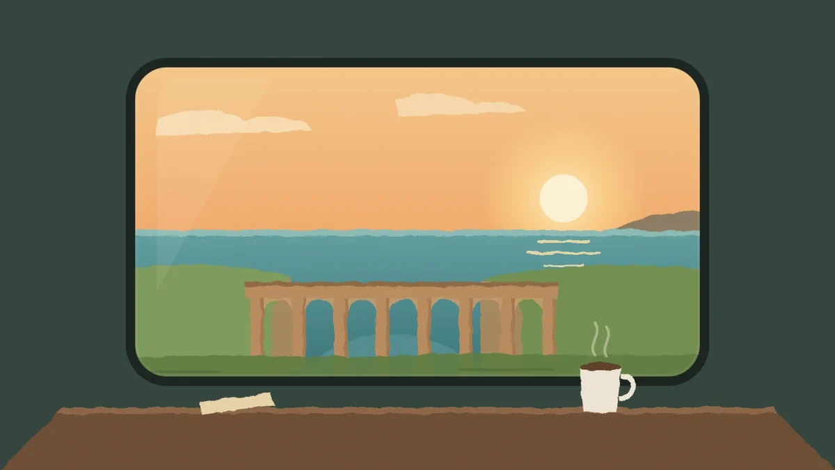 london to scotland train featured | Two Scots Abroad Painterly illustration of a train window looking out over a stone viaduct and the sea at sunset, with a cup of coffee on the table, for London to Scotland by train