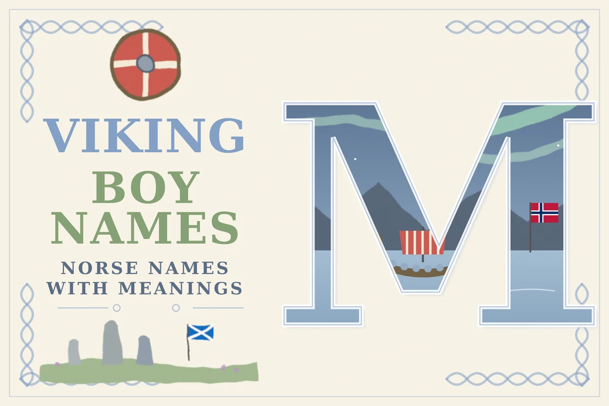 male viking names featured | Two Scots Abroad Male Viking names featured illustration: the words Viking Boy Names, Norse names with meanings, beside a large letter M framing a longship on a fjord under the northern lights