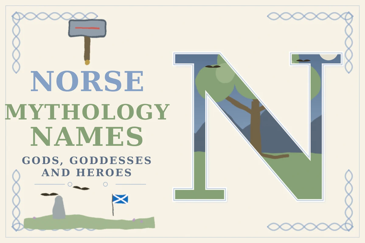 norse mythology names featured | Two Scots Abroad Norse mythology names illustration with the world ash tree Yggdrasil inside the letter N and Thor's hammer