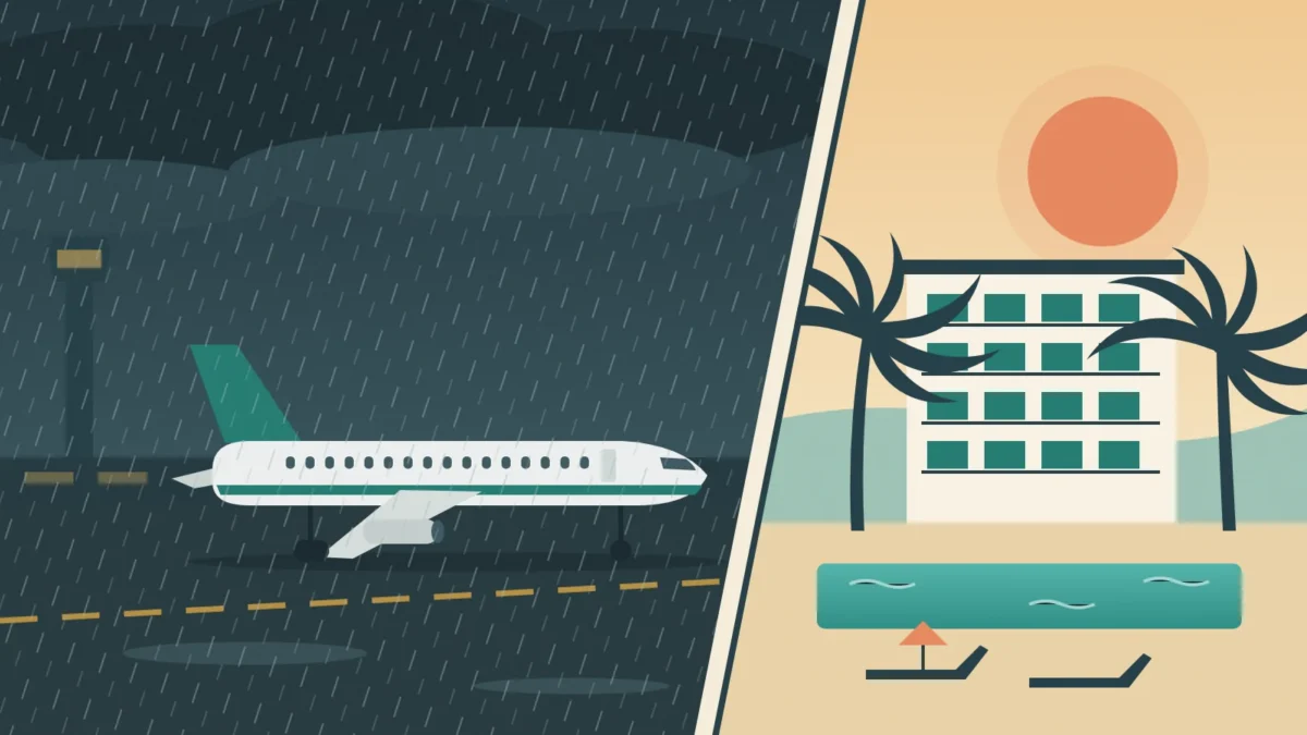 package holiday flight cancelled featured | Two Scots Abroad Split illustration of a package holiday flight cancelled: a plane grounded on a rainy airport apron beside a sunny resort hotel with palm trees and a pool