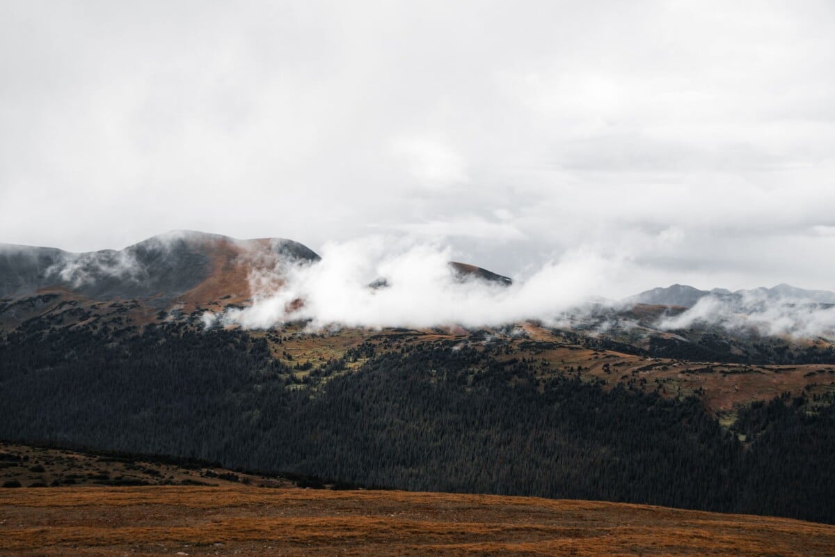 Low cloud gathering over a forested mountain ridge