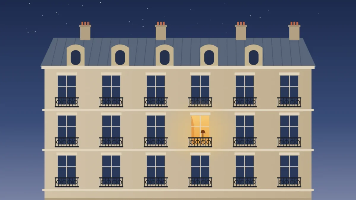renting apartment paris expat featured | Two Scots Abroad Illustration of a Paris apartment building at dusk with wrought-iron balconies and one lit window, for renting an apartment in Paris as an expat