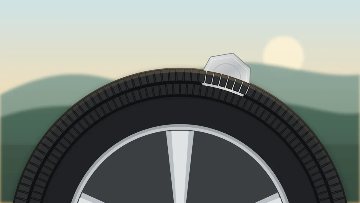 Illustration of a 20p-style coin pushed into the tread of a car tyre, with green hills and a morning sun behind, for preparing Nissan tyres before a road trip