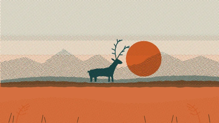Risograph-style illustration of a red deer stag on a Highland ridge in front of a low orange sun and bracken hills, for Scotland in November