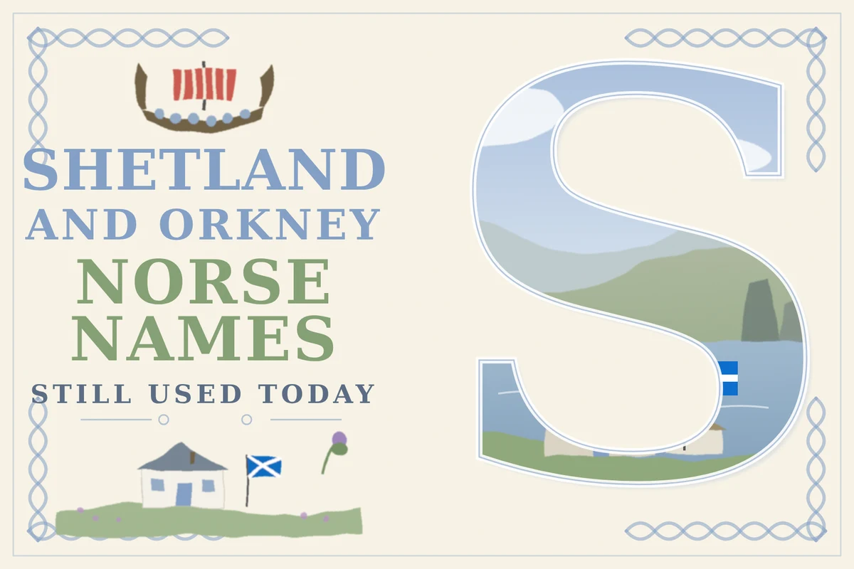 shetland orkney norse names featured | Two Scots Abroad Shetland and Orkney Norse names illustration: a giant letter S filled with a voe, sea stacks, a longhouse and a Shetland flag, with a longship emblem and the title Shetland and Orkney Norse Names Still Used Today