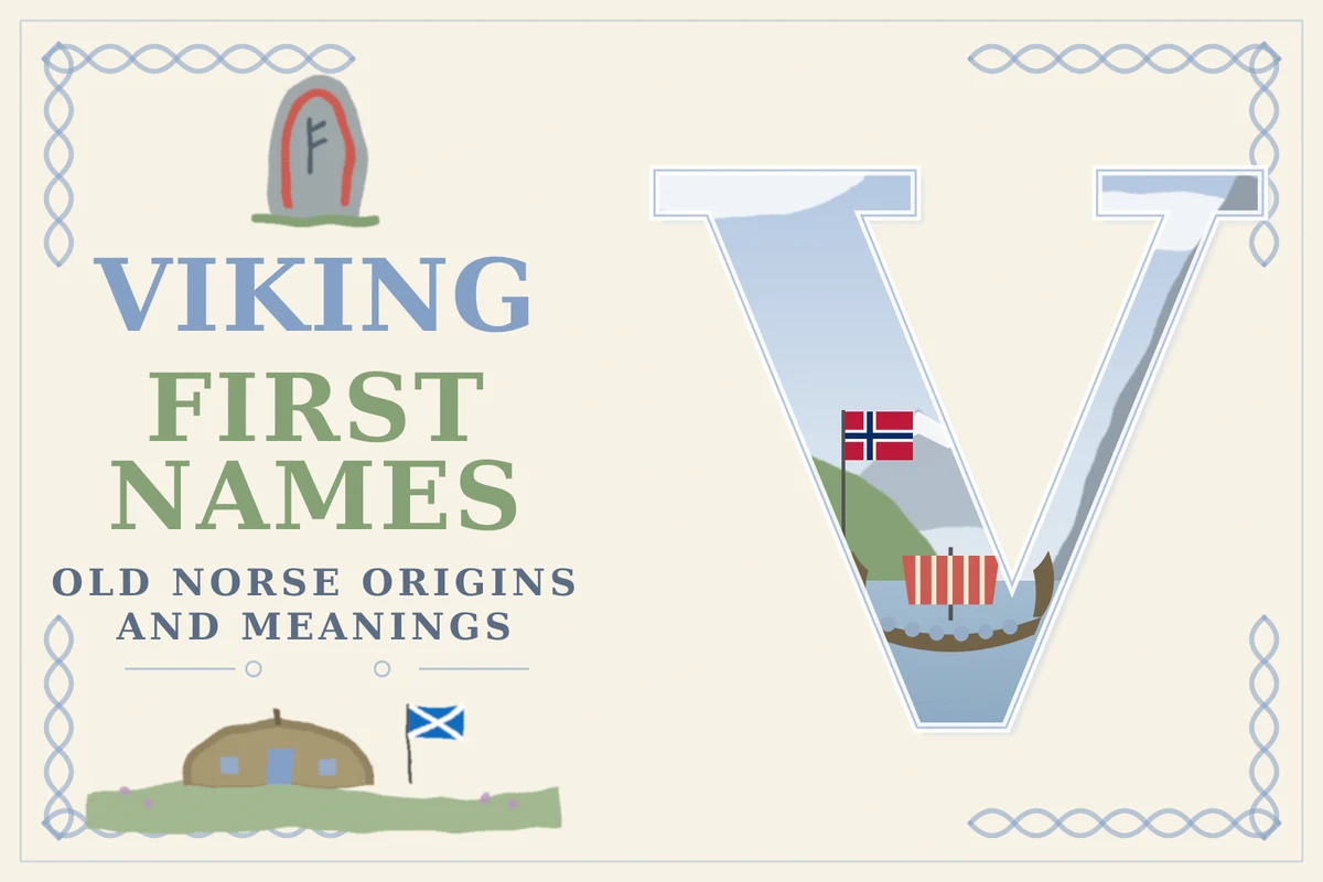 viking names featured | Two Scots Abroad Viking names featured illustration: the words Viking First Names, Old Norse origins and meanings, beside a large letter V framing a fjord, a longship and a Norwegian flag